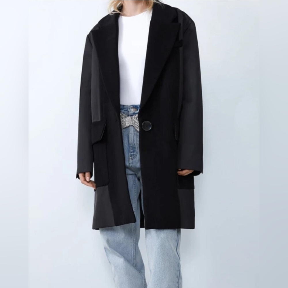 Zara Oversized Black Blazer Style Coat Duel Fabric Size Medium Womens EUC - Picture 1 of 11